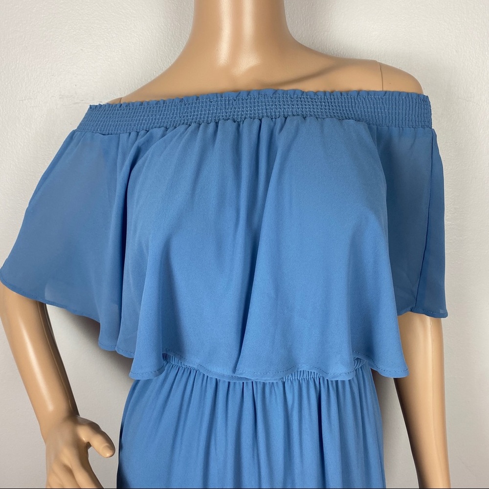 SHOW ME YOUR MUMU BLUE OFF-THE-SHOULDER FLOWY RUFFLE MAXI DRESS - Picture 3 of 9